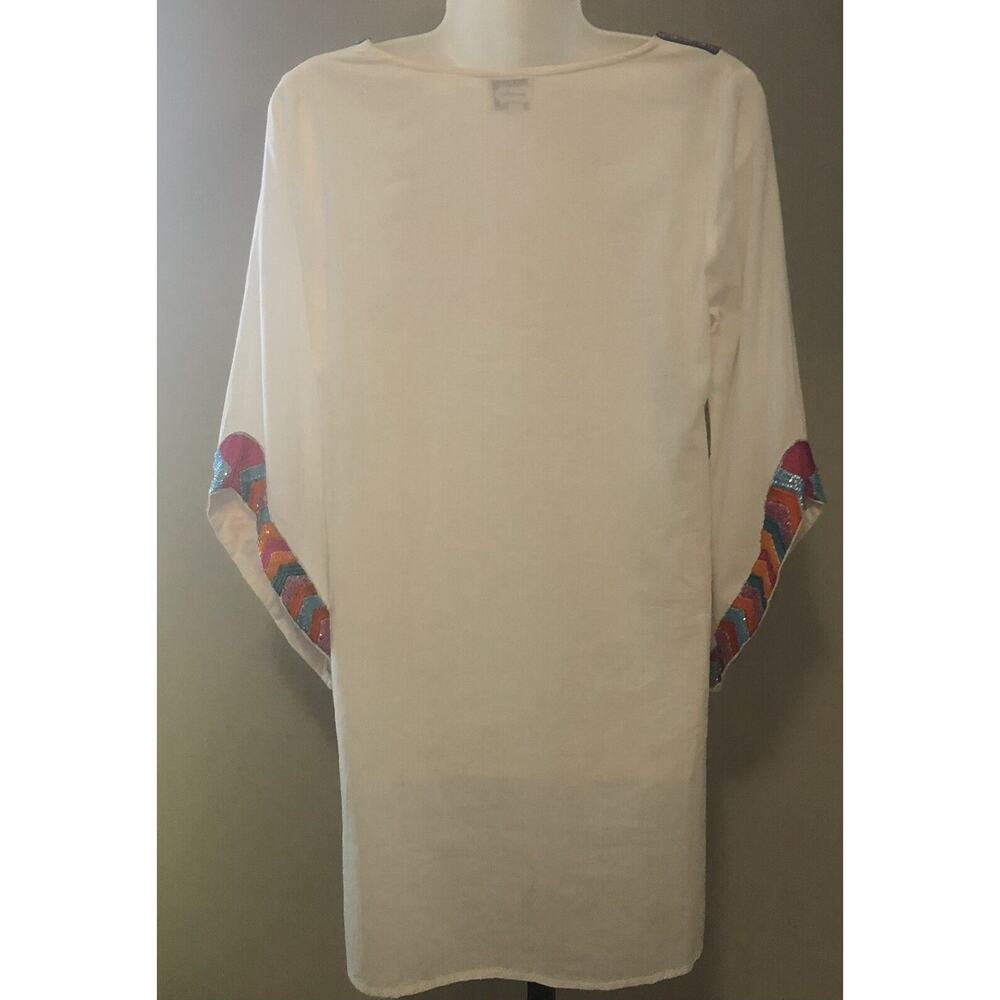 Mud Pie Tunic Women M (8-10) White Embellished 100% Cotton Coverup Top Boho - Picture 2 of 12